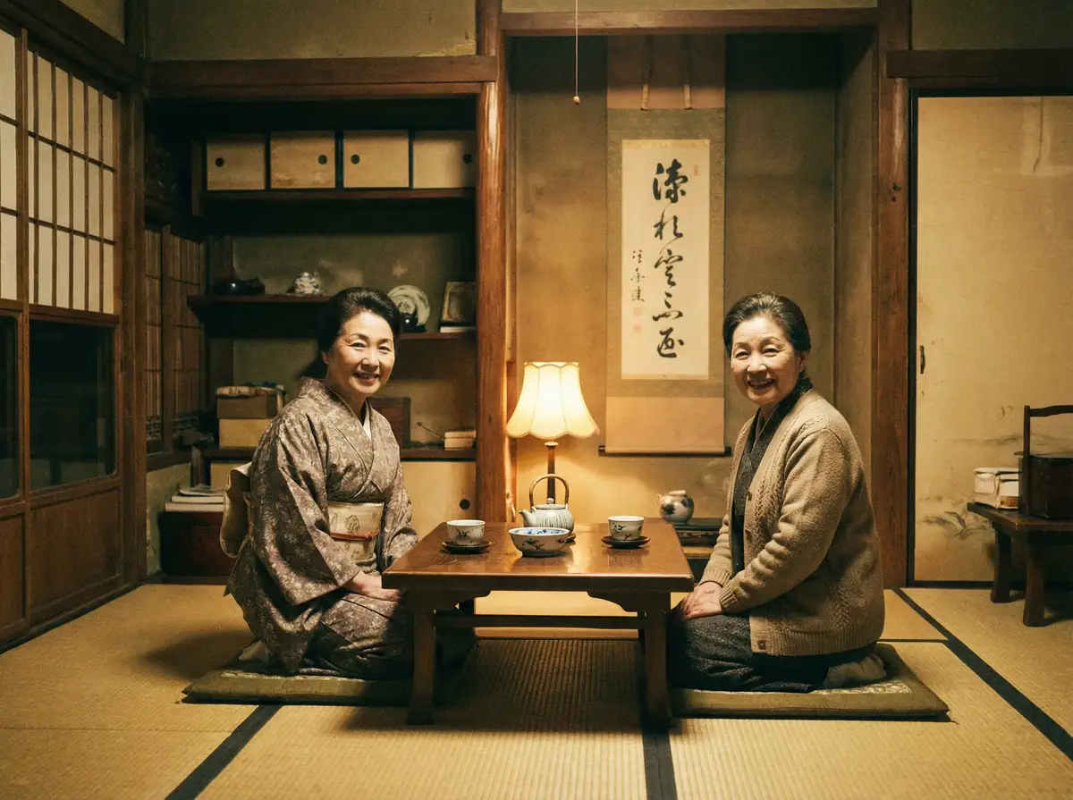 两位优雅的 爱琴岛 在日式茶室中品茶交谈